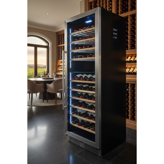 Swisscave WL200DF 200 Bottle Tall Dual Zone Wine Cabinet - 3/4 Angle View