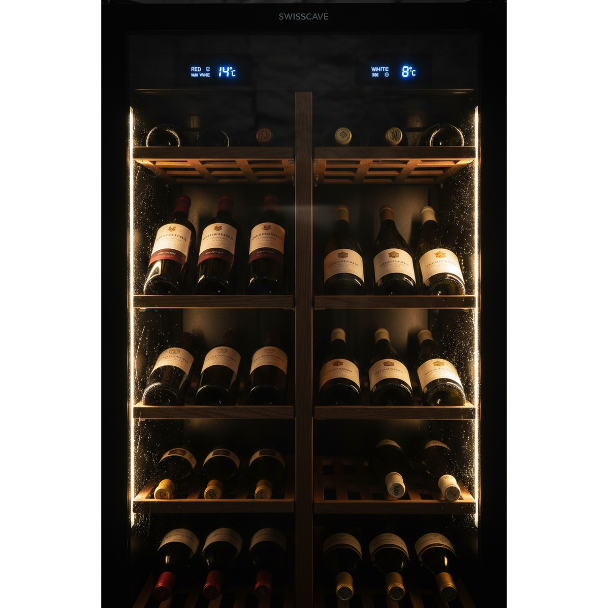 Swisscave WL120DF Wine Fridge Interior - Dual Zone LED Shelving