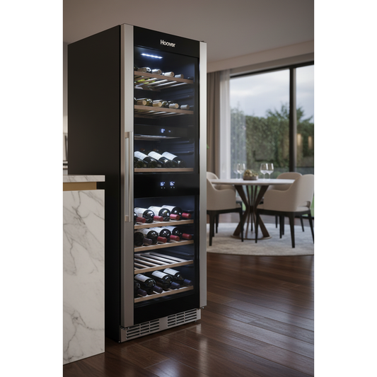 Hoover HWCB 60UK 60 Bottle Freestanding Dual Zone Wine Fridge - 3/4 Angle View