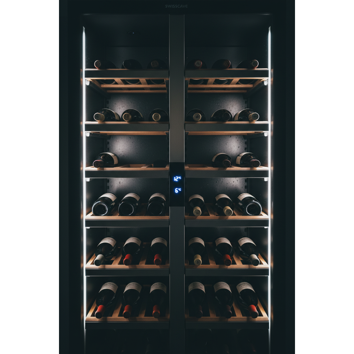 Swisscave WL200DF Wine Cabinet Interior - Dual Zone LED Shelving