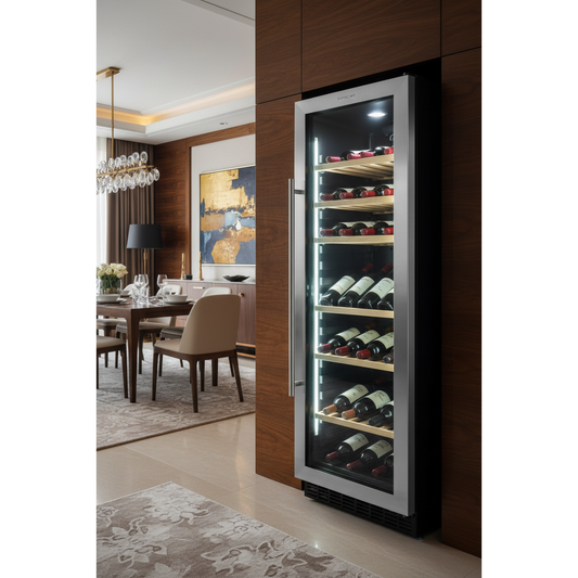 Swisscave WL80DF 80 Bottle Freestanding Dual Zone Wine Fridge - 3/4 Angle View