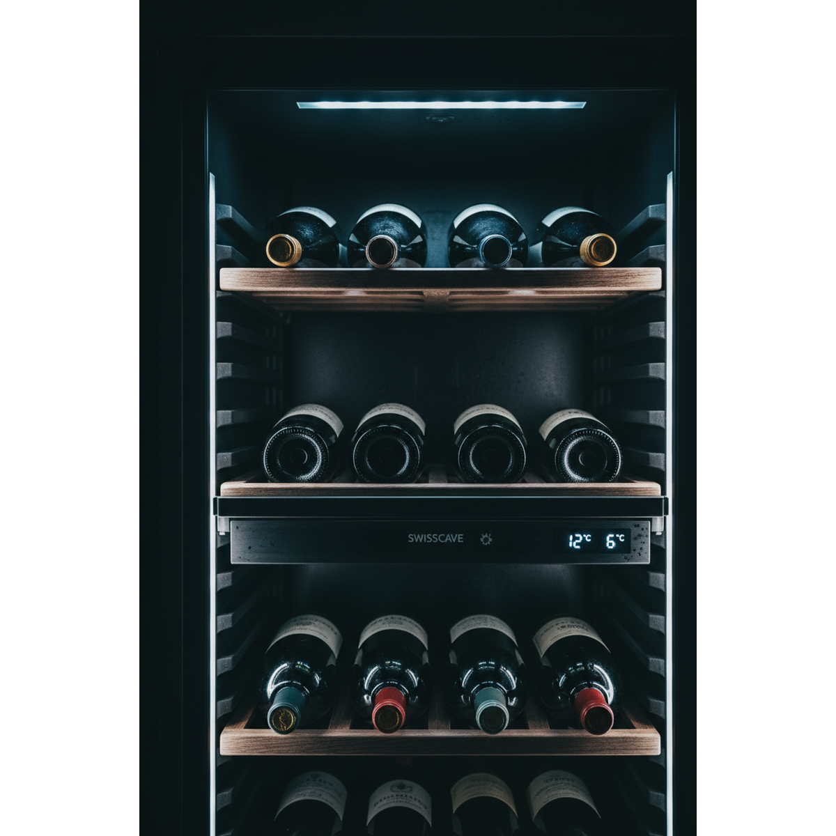 Swisscave WL160DF Wine Fridge Interior - Dual Zone LED Shelving